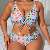 Swim Curve Conjunto de bikini de talla grande con estampado floral para verano en la playa, con atado frontal, espalda descubierta, sujetador con cierre de cordones cruzados y Bottom de bikini