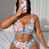 Swim Curve Conjunto de bikini de talla grande con estampado floral para verano en la playa, con atado frontal, espalda descubierta, sujetador con cierre de cordones cruzados y Bottom de bikini