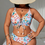 Swim Curve Conjunto de bikini de talla grande con estampado floral para verano en la playa, con atado frontal, espalda descubierta, sujetador con cierre de cordones cruzados y Bottom de bikini