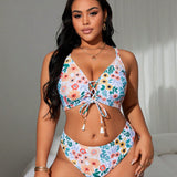 Swim Curve Conjunto de bikini de talla grande con estampado floral para verano en la playa, con atado frontal, espalda descubierta, sujetador con cierre de cordones cruzados y Bottom de bikini