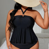 Swim Curve Conjunto tankini solido con cuello halter para tallas grandes, ideal para vacaciones de verano y playa