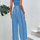 VCAY Strapless Striped Printed Jumpsuit With Pleated Hem For Summer