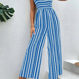 VCAY Strapless Striped Printed Jumpsuit With Pleated Hem For Summer