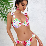 Swim Mod Conjunto de bikini sexy con estampado floral y volantes para mujer para vacaciones (estampado al azar)