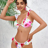 Swim Mod Conjunto de bikini sexy con estampado floral y volantes para mujer para vacaciones (estampado al azar)