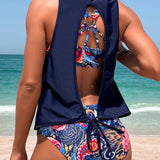 VCAY Conjunto de tankini de chaleco estampado al azar para mujeres (3 piezas)