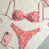 Swim Mod Conjunto de bikini sexy para mujer con nudo retorcido y estampado floral diminuto, ropa de playa, estampado aleatorio, traje de bano para vacaciones de verano