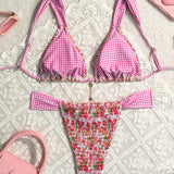 Swim Conjunto de bikini estampado floral de mujer con top bandeau sexy y Bottom con aberturas para vacaciones (estampado aleatorio)