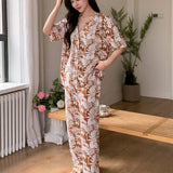 DAZY Conjunto de pijama estampado completo de plantas con manga corta liviana y pantalon largo