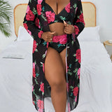 Swim Curve Conjunto de bikini de talla grande con estampado floral que incluye brasier, Bottom de bikini y cubierta de manga larga de ajuste relajado para vacaciones en la playa de verano - 3 piezas