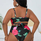 Swim Curve Conjunto de bikini de talla grande con estampado floral que incluye brasier, Bottom de bikini y cubierta de manga larga de ajuste relajado para vacaciones en la playa de verano - 3 piezas