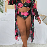 Swim Curve Conjunto de bikini de talla grande con estampado floral que incluye brasier, Bottom de bikini y cubierta de manga larga de ajuste relajado para vacaciones en la playa de verano - 3 piezas