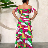 SXY Verano de 2 piezas Conjunto de falda pastel con estampado elegante para vacaciones en la playa