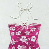 WYWH Body de cuello halter con estampado floral y pliegues para mujer WYWH, ideal para vacaciones de playa y outfits de verano