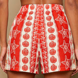 TRVLCHIC Pantalones cortos anchos de talle alto tejidos para mujer en rojo y blanco con estampado de patron del oceano, ideales para playa, primavera/verano y vacaciones