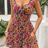 VCAY Holiday Knitted Mesh Multi-Colored Daisy Printed Summer Women's Romper