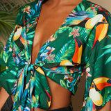 TRVLCHIC Blusa de manga acampanada con nudo frontal de verano para mujer, tejido de vacaciones, atuendos de festival de rave, camisas casuales para mujer, crop top, camisa hawaiana, cardigan de verano
