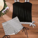 Swim Lushore Conjunto de bikini de dos piezas estilo de vacaciones de verano con parte superior Tankini de tirantes finos a rayas de color contrastante y pantaloneta de bano estampada a rayas, adecuado para usar en la playa y la piscina