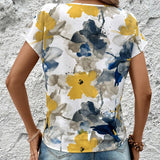 Camisa casual de vacaciones de verano para mujer con cuello redondo en V con estampado floral tenido anudado y de a grande