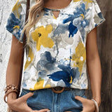 Camisa casual de vacaciones de verano para mujer con cuello redondo en V con estampado floral tenido anudado y de a grande