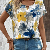 Camisa casual de vacaciones de verano para mujer con cuello redondo en V con estampado floral tenido anudado y de a grande