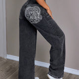 EZwear Jeans de pierna recta y corte holgado para mujer, con estampado de dragon chino y estilo casual