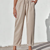 EZwear Pantalon largo casual de mujer con cintura ajustable con lazo y bolsillos, en unicolor