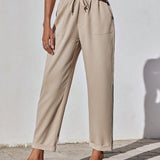 EZwear Pantalon largo casual de mujer con cintura ajustable con lazo y bolsillos, en unicolor