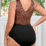 Body de as grandes para mujeres con parche de leopardo e impresion, elegante y de ajuste enado, adecuado para superposicion y vacaciones