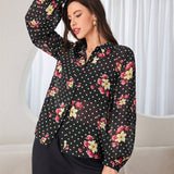 Mulvari Camisa de manga larga para mujer con estampado de lunares y flores y botones frontales, verano