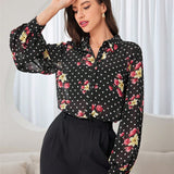 Mulvari Camisa de manga larga para mujer con estampado de lunares y flores y botones frontales, verano