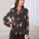 Mulvari Camisa de manga larga para mujer con estampado de lunares y flores y botones frontales, verano