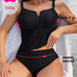 DD+ Conjunto de tankini de unicolor para mujer con parte superior de tirantes y Bottom triangular