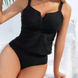 DD+ Conjunto de tankini de unicolor para mujer con parte superior de tirantes y Bottom triangular