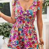 VCAY Vacation Style Women's Printed Playsuit With Floral Pattern All Over And Shoulder Tie Detail