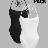 EZwear Body de escote halter a rayas blanco y negro de 2 piezas