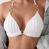 Top de bikini sexy para mujeres con anillo redondo conectado y atado al cuello con encaje