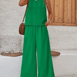 VCAY Conjunto casual para mujer de verano con top de tirantes suelto de cuello redondo y pantalones anchos de unicolor