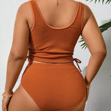 Swim Curve Conjunto de tankini casual para mujer de tallas grandes para verano, playa y vacaciones, con parte superior y fondo solidos de cuello en V en los laterales