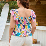 Blusa de verano casual y coa para mujeres de vacaciones con tamano etra grande y mangas con vuelo con estampado divertido y multicolor y dobladillo con volantes de