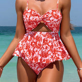 VCAY Conjunto de tankini de corte frontal retorcido y recorte floral para mujeres con Bottom triangular para vacaciones en la playa