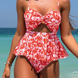 VCAY Conjunto de tankini de corte frontal retorcido y recorte floral para mujeres con Bottom triangular para vacaciones en la playa