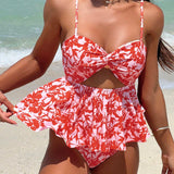 VCAY Conjunto de tankini de corte frontal retorcido y recorte floral para mujeres con Bottom triangular para vacaciones en la playa