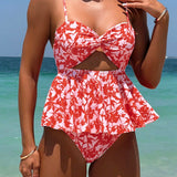 VCAY Conjunto de tankini de corte frontal retorcido y recorte floral para mujeres con Bottom triangular para vacaciones en la playa