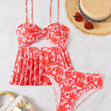 VCAY Conjunto de tankini de corte frontal retorcido y recorte floral para mujeres con Bottom triangular para vacaciones en la playa