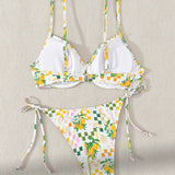 Swim Vcay Conjunto de bikini para mujer con estampado de frutas para vacaciones con tanga con cordones y parte superior de cuello halter