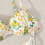 Swim Vcay Conjunto de bikini para mujer con estampado de frutas para vacaciones con tanga con cordones y parte superior de cuello halter