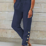 Pantalones largos informales de mujer con cintura ajustable con cordon y decoracion de botones en una sola tonalidad