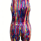 Slayr Conjunto de chaleco y pantalon corto de verano para mujer con ajuste delgado y estampado de rayas coloridas con escote en V