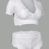 Conjunto de lenceria sexy de talla grande con encaje y ribete con escamas en la cintura alta
